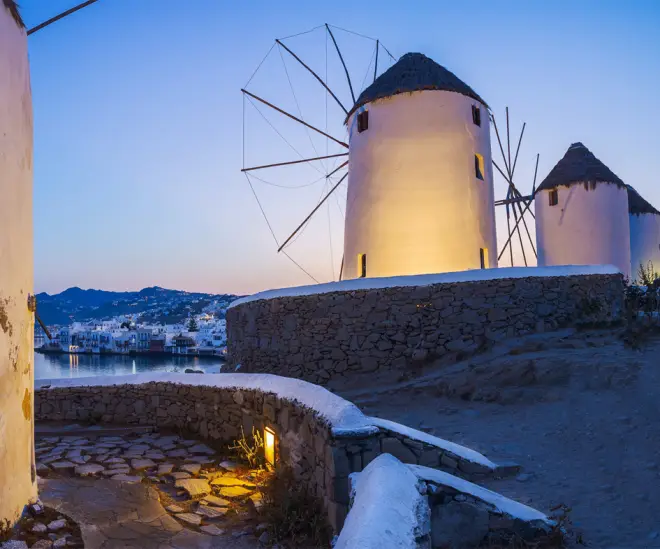 Aerial view of the Mykonos coastline near luxury villas