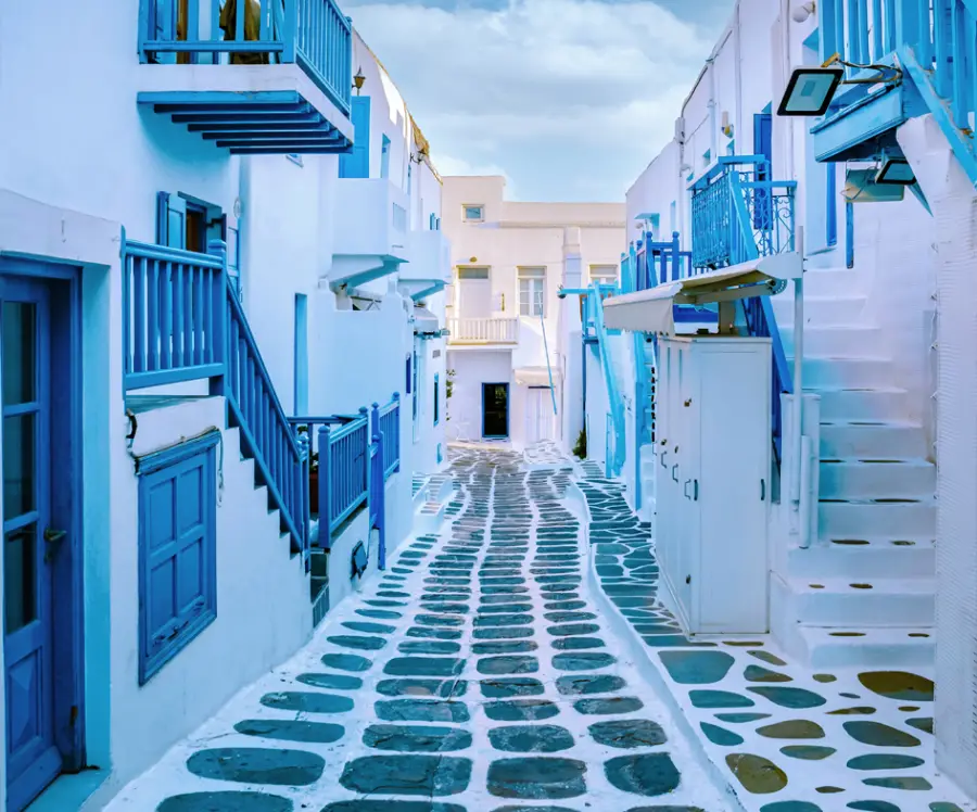 Whitewashed Mykonos architecture and sea views